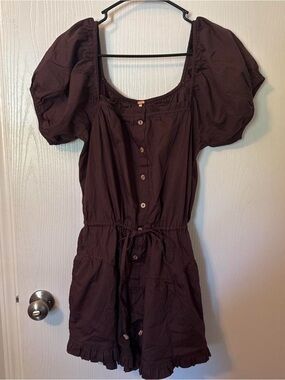 Free People Puff Sleeve Button-Front Romper in Deep Brown